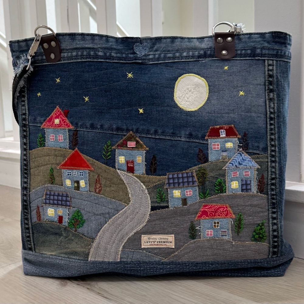 One-of-a-Kind Denim Tote Bag-“Moonlight Village”Patchwork by Indigo Threads